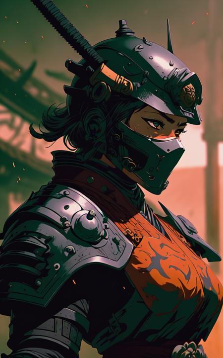 1980's anime style tough armored samurai woman in black armor, gritty, film grain, epic composition, samurai helmet, armored mask