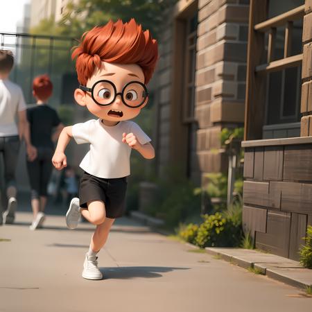 ((masterpiece, best quality)),(complex light), 1boy, full body, solo,child, sherman,red hair,glasses, <lora:sherman_mr_peabody1-10:0.6>,white shirt, black shorts, running,