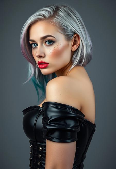 A woman with silver  hair with Teal and Pink tips,  freckles with 0.8 intensity, wearing a latex corset, shot from the side view. The photo should be extremely detailed, with beautiful detailed teal speckled eyes, full lips, pale skin, and a neutral expression. The background should be neutral gray with studio lighting, in the style of dennis mukai, and in RAW photo format. 44d bust, boob focus, dramatic angle, extreme angle shot, neon color grading