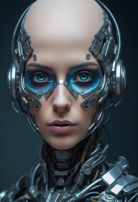 Cyborg biomechanical girl with a cyberpunk appearance with metal pieces on her face and body, with a glass appearance and very vivid colors, deep gaze, very stylized and feminine, big eyes, no hair
