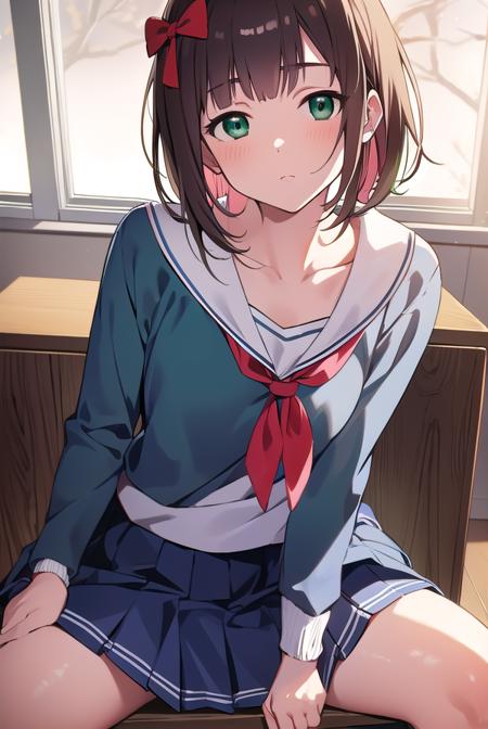 harukaamami, <lyco:harukaamami-LYCORIStest:1>,
haruka amami, brown hair, (green eyes:1.5), short hair, (hair bow:1.5), hair ribbon, bangs, blunt bangs, (small breast:1.2),
BREAK bag, bow, school uniform, serafuku, skirt, sweater, long sleeves, red bow, blue skirt, grey sweater,
BREAK looking at viewer,
BREAK indoors, classroom,
BREAK <lora:GoodHands-vanilla:1>, (masterpiece:1.2), best quality, high resolution, unity 8k wallpaper, (illustration:0.8), (beautiful detailed eyes:1.6), extremely detailed face, perfect lighting, extremely detailed CG, (perfect hands, perfect anatomy),