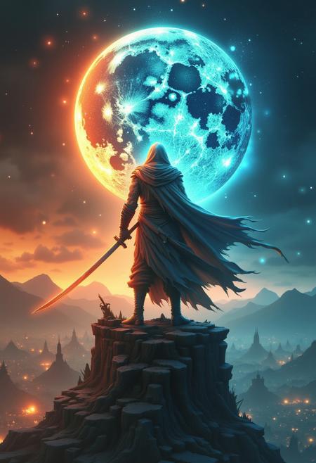 A lone swordsman stands atop a crumbling tower under a shattered moon, wielding a glowing katana infused with celestial energy. His tattered cloak billows in the wind, revealing intricate tattoos glowing faintly on his arms. Around him, ghostly spirits and fragments of constellations swirl, creating an ethereal, high-stakes atmosphere. The background transitions from a fiery orange sky to a deep blue cosmic abyss, with falling stars and faint galaxies in the distance,
bo-christmas