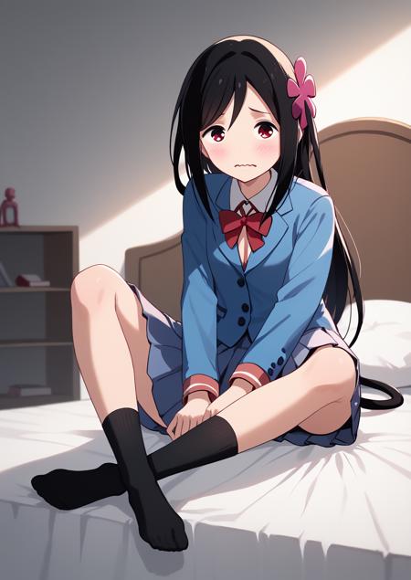 HitoBocchi, 1girl, solo, red eyes, long dark brown hair, side ponytail, hair flower ornament,  HitoBocchi, 1girl, solo, red eyes, long dark brown hair, side ponytail, hair flower ornament, school uniform, blue jacket, sky blue skirt, red bowtie, black socks, brown shoes,  HitoBocchi,  