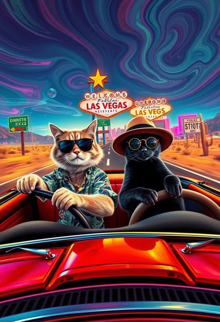 Two cats ride in a red convertible speeding down a desert highway toward a neon-lit Las Vegas skyline. The scene mirrors the iconic ‘Fear and Loathing in Las Vegas’ shot, but with feline travelers. The driver, a scruffy tabby in oversized aviator sunglasses and a Hawaiian shirt, grips the wheel with a wild expression. The passenger, a sleek black cat in a bucket hat and round tinted glasses, leans back with a smug grin, a cigarette dangling from its mouth.
The environment is infused with psychedelic energy—distorted road signs melt into the horizon, the sky swirls with surreal colors, and cacti appear to sway and stretch. The desert landscape warps in a heatwave haze, while neon reflections shimmer in the car’s chrome details. The perspective is exaggerated and chaotic, capturing the frenetic, trippy atmosphere of the original scene in a humorous and feline twist.