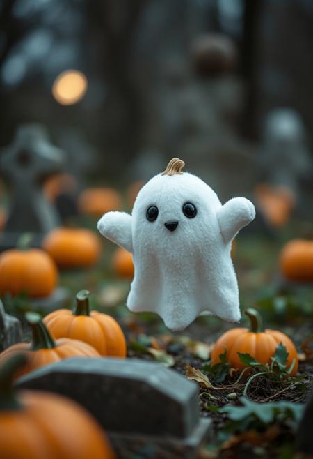 35mm photograph, film, bokeh, professional, in the graveyard floats one adorable cute plushie pumpkin shapped ghost, in moonlight, pumpkins, hyperrealistic, super realistic, sharp focus, 32k, (((masterpiece))) (((ultimate quality))), highiest texture resolution, photorealistic, fantasy setting, epic composition, close to camera,