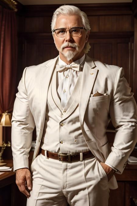 1man, solo, portrait of muscular handsome colsanders wear white suit, western kentucky bow tie, colonel colonel sanders, glasses, handsome, white hair mustache beard,  <lora:ARWColSanders:1> <lora:BulkedUpAIR1.5:0.6>