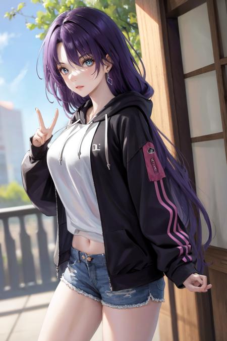 masterpiece, best quality, highres, 1girl earrings <lora:arthur_pencilgon_no_outfit:1> hoodie, shorts