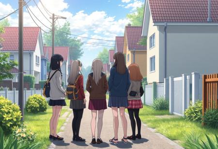 anime style, suburbs, on the street, beautiful houses, during the day, view from far, a group of 7 faceless 30 years old women standing whispering each other in a corner at the distance looking at the viewer