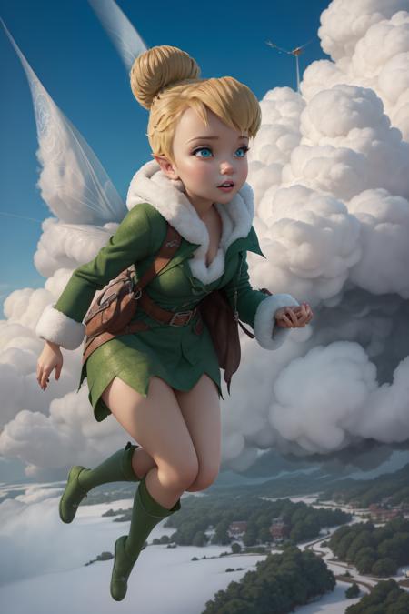 masterpiece, 8k, perfect ligthing, , adult, female, looking at viewer, cinematic lighting, cowboy shot,  (TinkerBell:1.5), (TinkerBellWaifu:1.1), single hair bun, (green winter coat), (green clothes), ((clothes made from leaves)), pointy ears, blue eyes, (detailled eyes:1.2), blush, shrunken, flying in air, (flying in sky:1.8), clouds, pixiedust, Winter, Snow,  Forest, Island, <lora:TinkerBellDisney-06:0.7> <lora:realisticGlossyFaceSkin_rseromanticRsesofiko:0.3><hypernet:empty:0.5>