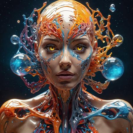 Human anatomy, (fragmented body parts, 3d spoon fragmentation of body, spoons and orbs breaking off face, cgi surreal masterpiece, vibrant colors, rim lighting, magical fragmentation, biosphere decomposition, high detail, floating parts:1.4), detailed cosmic background, fractal art, galaxy light vision, 16k, astral concept art, sharp lines, intricate, sophisticated, female,  <lora:add-detail-xl:0.64>,  fiery glow, fiery eyes