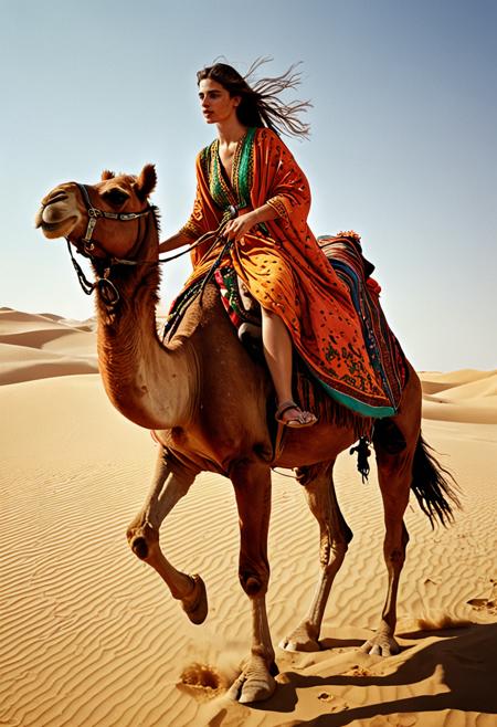 (Soft Lighting Photography by Mimoza Veliu and Mario Giacomelli:1.2), NSFW, 1 beautiful Princess riding a camel along across Desert, passing a small Oasis, barefoot, sexy:1.5, her traditional colorful clothes worn out barely covering her body, She has a very long hair, sweating, ,under intense sunlight, wet, Influenced by Baroque and surrealist styles, rendered in a highly detailed,<lora:TWbabeXL01:0.6>