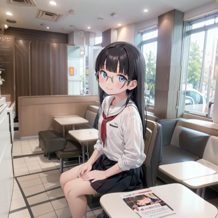 best quality, ultra-detailed, illustration,
makudo, indoors, scenery, poster (object), tiles, window, tile floor, chair, building, 
1girl, glasses, solo, black hair, long hair, smile, looking at viewer, school uniform, sitting, 
<lora:McDonald_JP_indoors_SD15_V2:1>