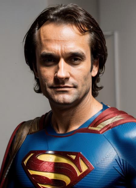 jc1 RAW photo, 1man, (messy hair),  (wearing superman costume) (high detailed skin), 8k uhd, dslr, soft lighting, high quality, film grain, Fujifilm XT3, <lora:JohnCazale:.95>