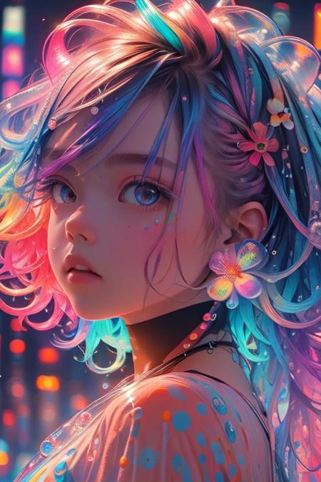 <lora:ttcolor_v1:1>,ttcolor,1girl,solo, (masterpiece,best quality), colorful, water drop,bubble,floating hair:1.5,floral print, multicolored background, official art, night,neon lights, neon trim, city,neon palette, city lights, cyberpunk,backlighting,, (flat color:1.3),(colorful:1.3),original, extremely detailed wallpaper,floating colorful water,