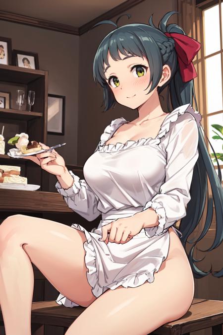 (masterpiece), (best quality), (ultra-detailed), photorealistic, (best illustration), (an extremely delicate and beautiful), 1girl, irakokc, kappougi, apron, naked apron, huge breasts, cleavage, hair bow, seductive smile, holding spoon, ice cream, ponytail, very long hair, antenna hair, indoors, sitting, crossed legs. from below, long sleeves,<lora:irako_nai_1-11:0.9:lbw=OUTD> frilled cuffs, ice cream, looking at viewer, blush, nose blush, best hands,