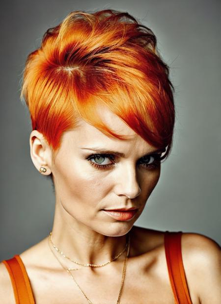 analog style, modelshoot style, portrait of sks woman by Flora Borsi, style by Flora Borsi, bold, bright colours, orange Mohawk haircut, ((Flora Borsi)), <lora:locon_kristin_v1_from_v1_64_32:1.25>