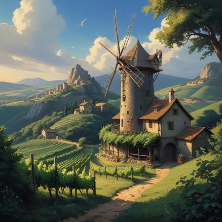 hyperrealistic art  a wanderer between worlds in flowing clothes, (epic landscape:1.5),  (style Ghibli drawing), (style Ghibli painting),best quality, masterpiece, extremely detailed,  professional  art,  professional painting, an extremely delicate and beautiful, dynamic,  great lighting, perfect shading, professional shading, depth of field,   side soft light, elegant, gorgeous, highly detailed,   full shot, uncropped,   pure genious, absolutely perfect,  highly detailed, breathtaking,
Vineyard on steep slate slopes, woodpecker cavity in trunk, horizontal windmill blades,miller adjusting sails , extremely high-resolution details, photographic, realism pushed to extreme, fine texture, incredibly lifelike, Cybernetic flora illustration style, blends plant life with cybernetic elements, dynamic and futuristic composition, professional-grade execution, captures the beauty of bio-mechanical fusion, evokes a sense of innovation and natural harmony
