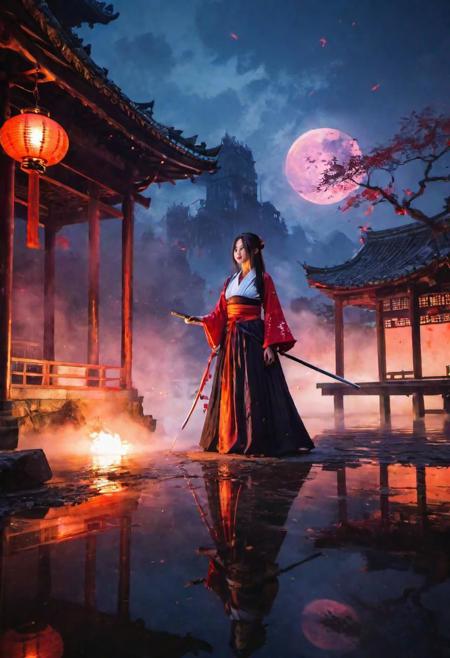 1 girl, 20yo, makeup,very beautiful, makeup,
reflection,low angle, sword reflection,samurai, long hair,kimono,strapless, traditional architecture,night,(red moon:1.1),(fog:1.4),(silhouette:0.8) , (expressionless:1.3),(ghost:1.1),red fire,,fantasy, high contrast, ink strokes, explosions, over exposure, purple and red tone impression , abstract, ((watercolor painting by John Berkey and Jeremy Mann )) brush strokes, negative space,face detailed, face perfect, cleavage, solo focus, (close up:2)