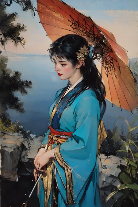 chinese in painting, (masterpiece),(best quality),1girlï¼hanfu, lake, boad,  oil-paper umbrella,