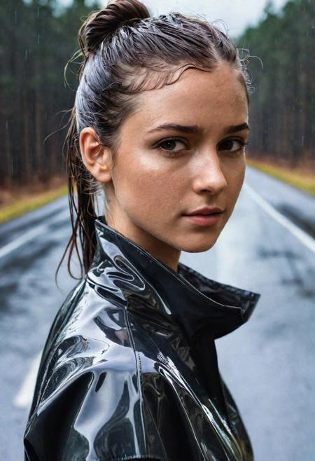 Fashion, professional, asphalt, forest, clouds, rain, close-up, jp-Elle-2325, wetshirt, reflections, looking at viewer, eye contact, shadows, 21-year-old, ponytail, dark hair, mysterious, smirk