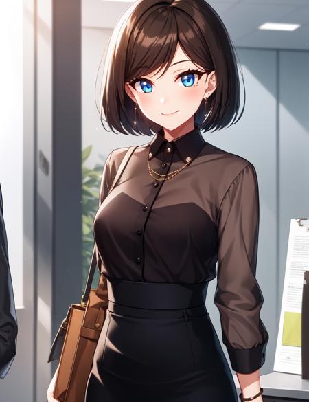 1girl, solo, looking at viewer, smile, short hair, bangs, blue eyes, skirt, shirt, black hair, long sleeves, holding, jewelry, closed mouth, earrings, collared shirt, black skirt, bag, bracelet, black shirt, side slit, pencil skirt, high-waist skirt, watch, handbag, shoulder bag, brown shirt, office lady, office, 
 <lora:kimhana_divine-000006:0.6>