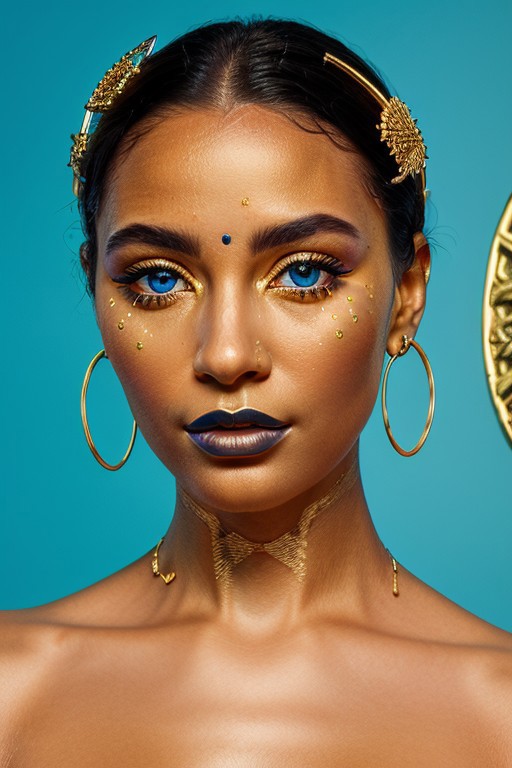 Imagine a hyper-detailed portrait of a woman with azure red skin, her face decorated with gold tribal patterns that swirl and curve around her eyes, cheeks, and neck. The golden motifs are complex, with lines, dots, and spirals that add texture and depth to her visage. Her lips are painted with a deep metallic color that harmonizes with the golden details on her skin. She wears a prominent headdress of silver, adorned with dangling ornaments that add movement and contrast to the stillness of her face. Large, elegant gold hoop earrings complement the tribal-inspired design, and her eyes are framed with dramatic golden eye shadow and long, defined lashes. The lighting is soft yet focused, highlighting the gold’s shimmer and the matte finish of her blue skin, lending a realistic touch to this ethereal composition. This photorealistic image fuses ancient cultural elements with a modern style, creating a mesmerizing effect,