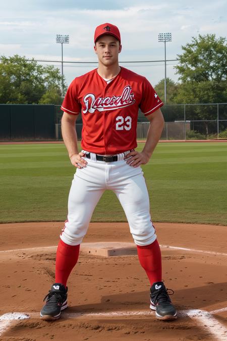 standing on a baseball field, DustinKane is a baseballplayer, slight smile, baseball uniform, (red cap), red jersey, white pants, (red socks), long socks, (black sneakers), looking at viewer, masterpiece, ((full body portrait))   <lora:Clothing - Sexy Baseball Player:0.6> <lora:DustinKane:0.8>