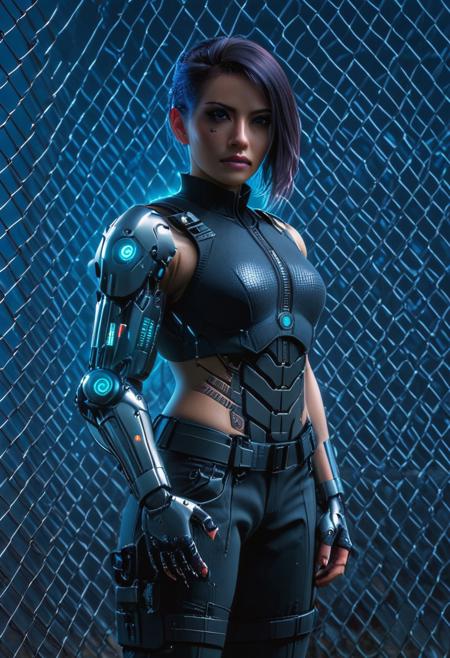 (mad-1cbrrm:1.5), woman police officer in uniform,(bulletproof vest), in front of chain link fence, cyberpunk, night, neon light, haze, rain,  <lora:Neon_Cyberpunk_Cyberarm_SDXL:0.8>, (masterpiece:1.2), best quality