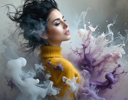 windswept brunette, alabaster skin, fractured by crystalline sugar highlights, swirling inky chaos, yellow wool jumper against liquid gloss.
Impasto oil textures; molten sugar crystallizes on her collarbone. mist clings to her silhouette, dissolving into fractal patterns.
Suspended ink droplets — crushed lavender-red streaks.
Bruise-toned gradients clash with ethereal pastels, depth amplified by anamorphic lens distortion. volatile metamorphosis.

