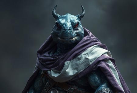 "Create a high-quality, detailed portrait of an Infernity Archfiend turtle warrior on a Dark Factory of Mass Production, incorporating elements of MF Doom's blue chrome hippo-like body and a purple and white cloak. The warrior should have cryptoblades and no eyes, and be dressed in a cloak. Aim for a cinematic, ultra-high-detail model with a 8k scan, using techniques such as the golden ratio and rule of thirds. Draw inspiration from artists such as Artgerm, WLOP, and Metatron, and reference styles such as cell shading and apocalypse art."