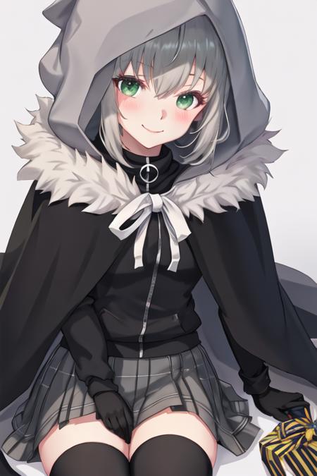 best quality, masterpiece, highres, solo, {gray_fgo:1.15}, bangs, grey_hair, green_eyes, short_hair, hair_between_eyes, cloak, cape, blush, closed_mouth, 1girl, fur_trim, hood, long_sleeves, looking_at_viewer, skirt, black_thighhighs, hood_up, pleated_skirt, grey_skirt, plaid, plaid_skirt, thighhighs, simple_background, zettai_ryouiki, black_gloves, miniskirt, sitting, smile, black_cape, gloves, hooded_cloak, white_background