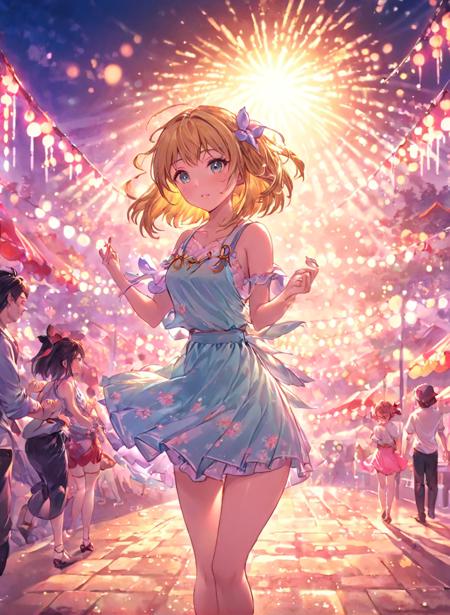 <lora:Granblue_Collection_XL_-_Illustration:1.15> pastel colors, at a japanese summer festival, (masterpiece), best quality, highres, 4k, 8k,  cinematic lighting, amazing quality, amazing shading, soft lighting, Illustration, official artwork, anime style, wallpaper, official art