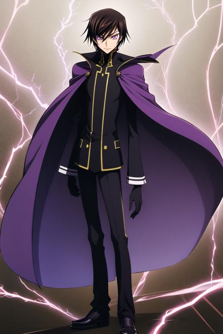 lelouch lamperouge, solo, holding mask, looking at viewer, standing, short hair, purple eyes, geass black cape, black gloves, brown hair, cape, formal, gloves, high collar, long sleeves, mask, pants, purple footwear, purple pants, purple suit, suit, professional lightning, spotlight,  <lora:Takahiro Kimura:0.8>