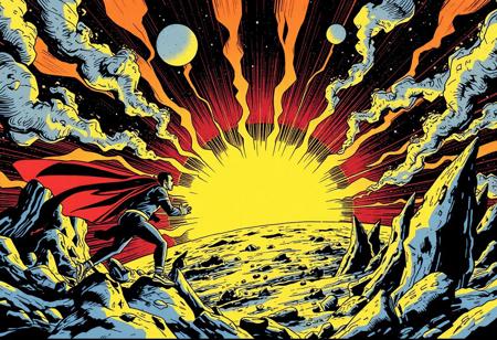 Comic book in the style of Jack Kirby, a 'super hero' stupidly brings the sun to the Earth's surface, chaos ensues,