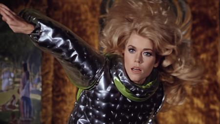 cinematic photo of Barbarella, floating in zero gravity stripping out of (spacesuit), (shagpile background), 35mm photograph, film, bokeh, professional, 4k, highly detailed, full body shot, wide angle