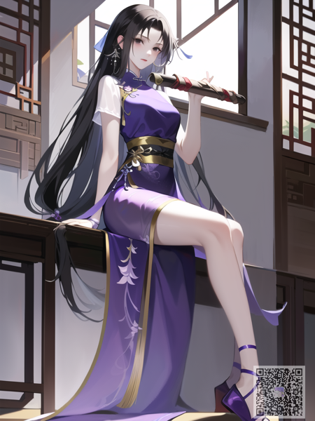 <lora:sowrd_and_fairy_linyueru_lora_v1.0:1> linyueru \(sword and fairy\), 1girl, solo, black eyes, detailed eyes, beautiful eyes, hair ornament, long hair, black hair, earrings, jewelry, medium breasts, purple dress, long sleeves, chinese clothes, purple clothes, purple footwear, upper body