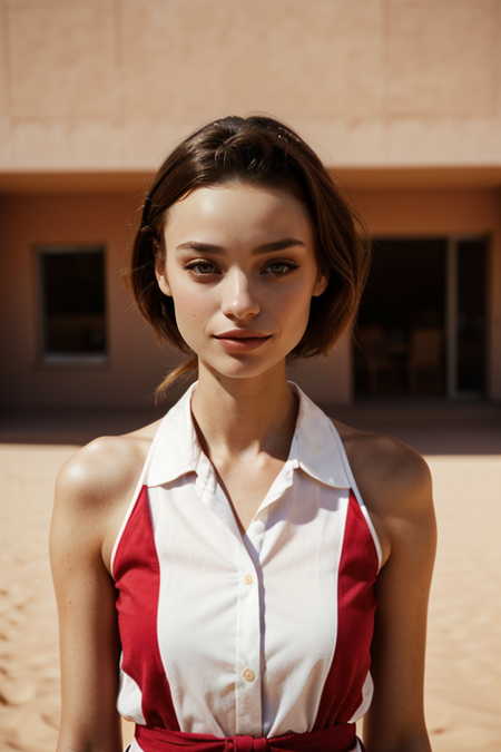 KarolinaGorzala, ((slim, fit, lanky, coltish:1.5)), closeup on face, beige polka dot dress, looking at viewer, facing viewer, taken with Leica M, 35mm f1.2, Kodachrome film, Sahara Desert background