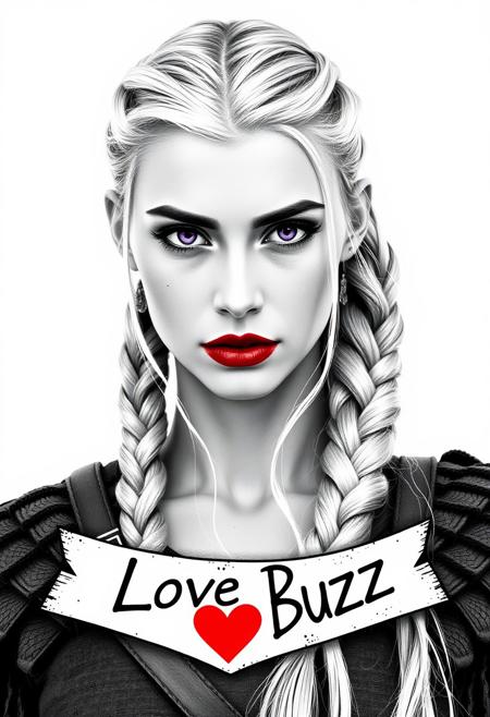 black and white Viking warrior woman with braided  hair, wearing red lipstick, Purple eyes. long blonde braid, looking forward, with i Love Buzz Banner, white background, high contrast, low color palette, detailed --chaos 55 --ar 1:2 --personalize yruxpc2 --stylize 750 --v 6.1