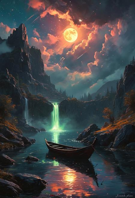 Under the eerie glow of a full moon, a dark and ominous landscape unfolds. A vibrant, colorful boat floats on the serene lake, its vivid hues contrasting starkly with the foreboding atmosphere. In the background, a waterfall cascades down jagged rocks, the water glistening in the moonlight. Thick, swirling clouds loom overhead, adding to the sense of an evil presence. The moonlight filters through the clouds, casting an otherworldly glow over the scene. A falling star streaks across the sky, adding a touch of mysticism to the night. The air is thick with a sense of ancient secrets and dark magic, as if the very night is alive with hidden power. As daylight breaks, light glows on the landscape, illuminating the boat and the surrounding scenery with a surreal brightness. [romantic impressionism,dream scenery art,beautiful oil matte painting,romantic,style of thomas kinkade,beautiful digital painting,anime landscape,romantic painting,dreamlike digital painting,colorful painting,beautiful gorgeous digital art,style of greg rutkowski,janek sedlar,jenny saville:0] <lora:vivid_everclear:0.6> <lora:Sinozick:0.65>