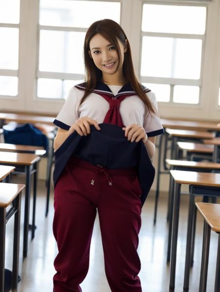 shiny_eyes,[:(detailed face:1.2):0.2],nsfw,high quality, best quality,masterpiece, 1girl,school uniform, looking at viewer,skirt lift,(panties:0.00001),classroom,smile, <lora:pnxJpSchUniSktLft:1>,(red_jogging bottoms:1.2)