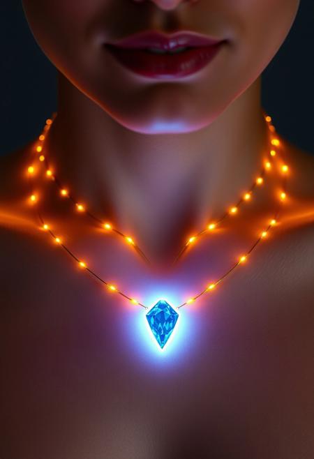 subdermal LED necklace, glowing golden light pattern beneath the skin, (embedded LEDs:1.6) mimicking a gold chain, sapphire-like LED glow at the center, soft golden light radiating from under the skin, (subdermal sapphire glow:1.5) shining vividly, seamless under-skin jewelry effect, high-definition, (natural skin tone:1.4), flawless complexion, radiant blue light at the center of the subdermal necklace, (golden LED accents:1.3) forming necklace pattern, soft, natural glow, ultra-realistic textures, elegant subdermal jewelry design, futuristic yet subtle, glowing sapphire effect from embedded LEDs, modern tech-infused beauty, (delicate light reflections:1.5), high-resolution, subdermal lighting enhancing natural beauty, advanced LED technology