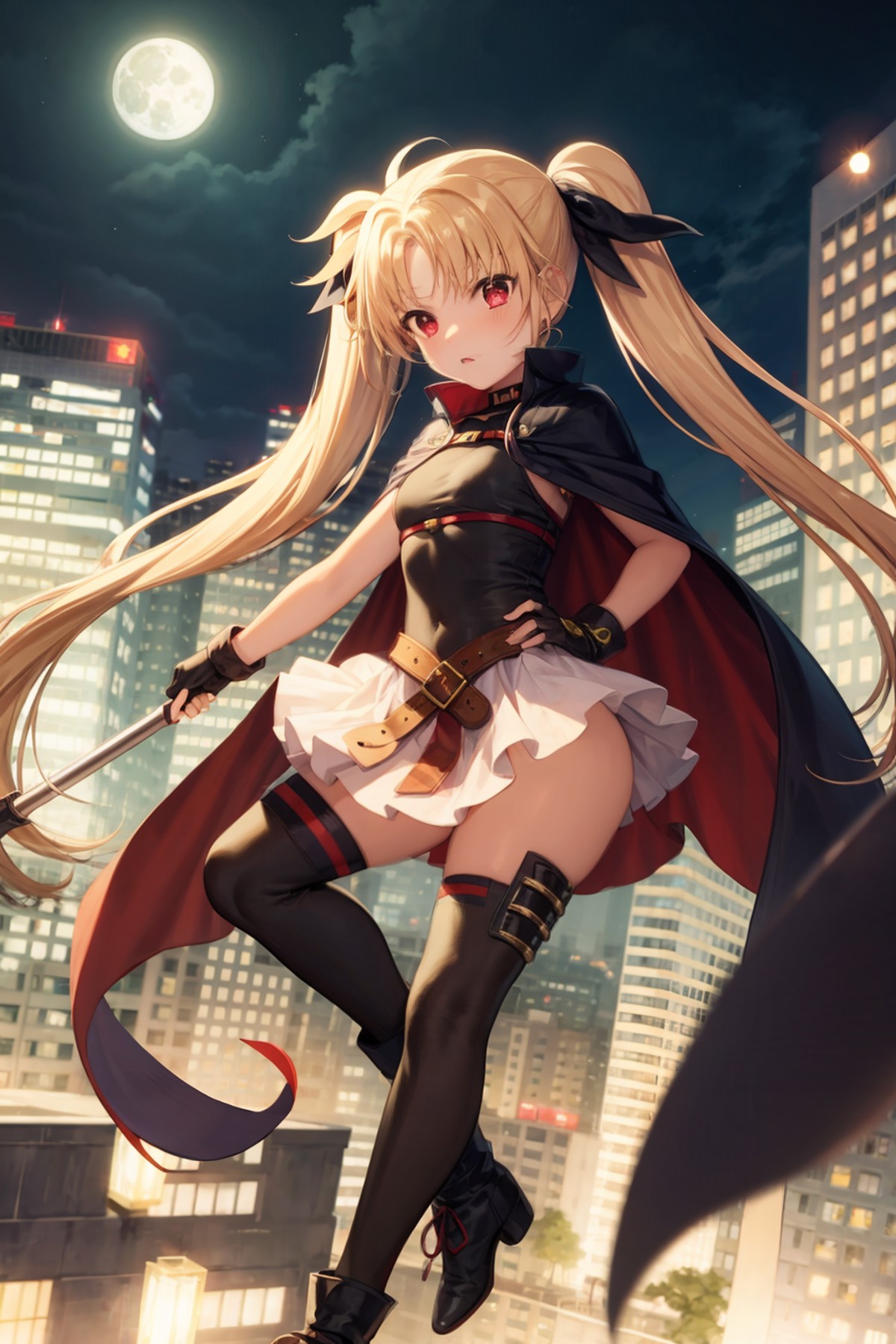 masterpiece, best quality,1girl, long hair, fate testarossa, solo, thighhighs, blonde hair, bardiche, twintails, red eyes,...