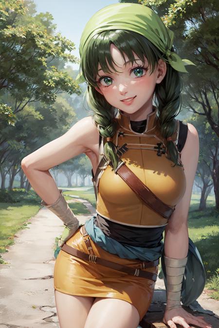 (masterpiece, best quality:1.2), <lora:fireemblem_rebecca-11:1>, solo, 1girl, rebecca \(fire emblem\), smile, looking at viewer, leaning forward, twin braids, bandana, sleeveless, shoulder armor, miniskirt