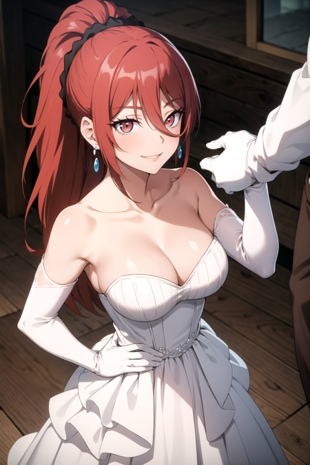 (masterpiece, best quality), intricate details, maya1hit, 1girl, red hair, long hair, ponytail, hair between eyes, scrunchie, red eyes, jewelry, earrings, large breasts, collarbone, cleavage, dress, white dress, wedding dress, strapless, strapless dress, white gloves, wedding gloves, lipstrick, makeup, smile, cowboy shot, <lora:mayav7:0.8>