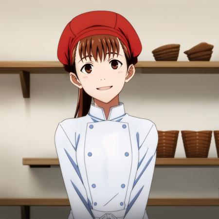 masterpiece,high quality,
<lora:bakeryclerk001:0.7>,smile,
bakeryclerk,1girl,
red headwear,
chef,uniform,double-breasted,white shirt,sleeves rolled up,
waist apron,