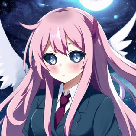 <lora:black_sclera3:1.0> , black_sclera, colored sclera, blush, highres, long hair, school uniform, deep blue sky & pure white wings