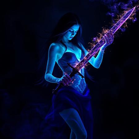 Best quality, slow motion, dark Bioluminescence  translucent body, archaea/sorceress imbues sword with sparks of energy. Dark swirls of blue and purple smoke flow down and envelope her. Masterpiece,