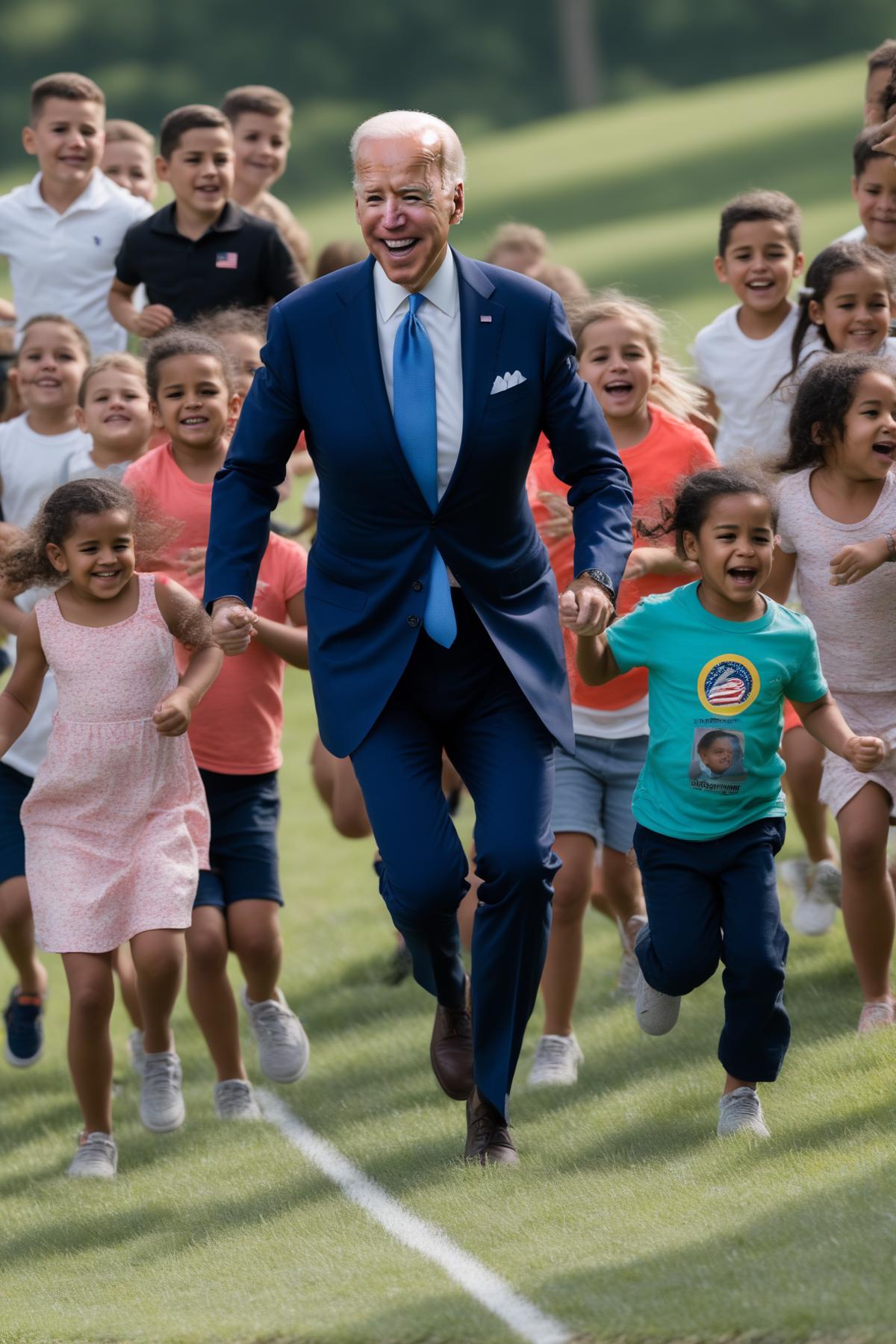 A man in a suit running with a group of children.