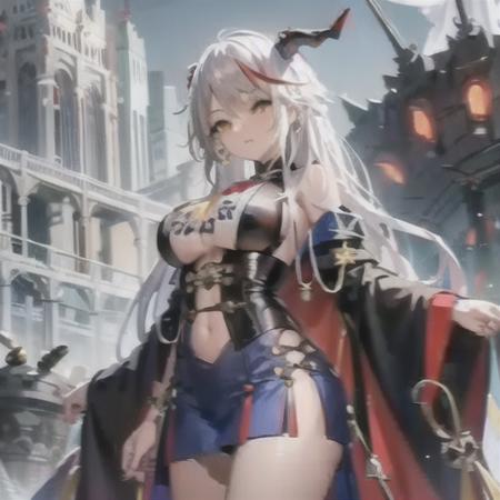 ((Aegir))  \(azur lane\),1girl,solo, (lang silver hair),((dragon_horns)),yellow eyes,(red highlight),(streaked_hair) ,(sports (blue) bra,sports (blue) skirt),<lora:lora_Aegir:0.72>