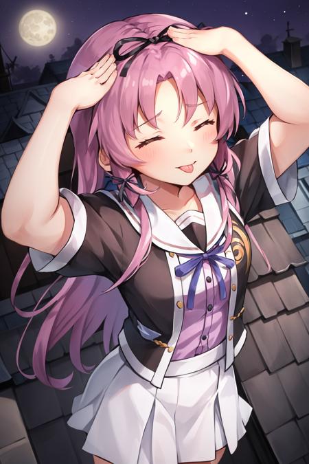 masterpiece, best quality, renne_sen3, hair ribbon, black jacket, purple shirt, short sleeves, white skirt, from above, ahetobleh, closed eyes, hands on own head, night, moon, rooftop <lora:ahetobleh-nvwls-v2-000010:0.8>  <lora:renne-nvwls-v1:0.9>